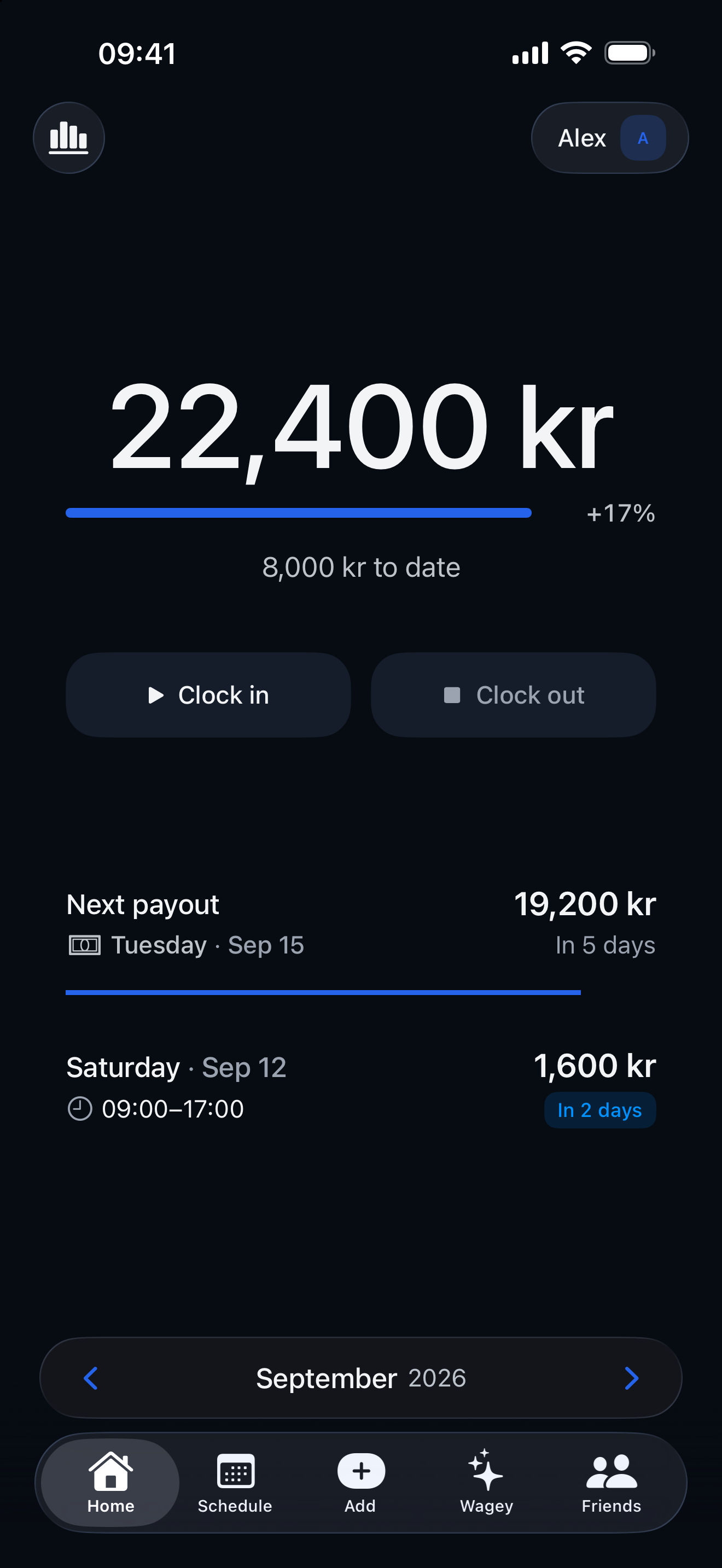 Screenshot of the Tidex iPhone app showing the dashboard and shifts overview.