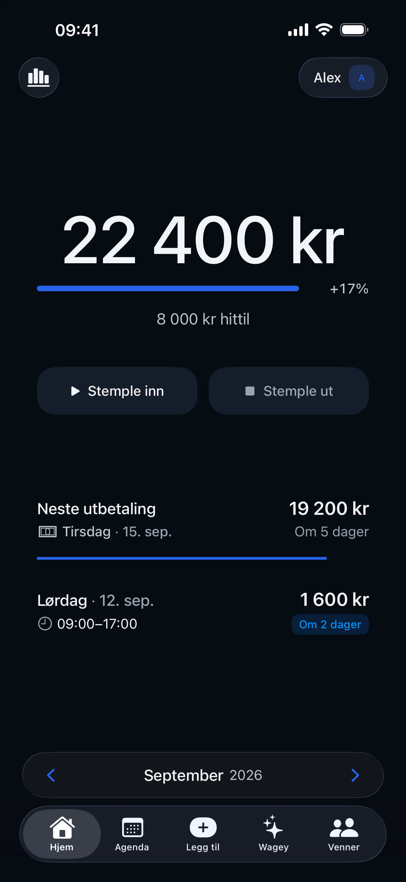 Skjermbilde av Tidex iPhone-appen som viser dashbordet og vaktoversikten.